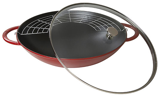 Staub wok, cherry, with glass lid