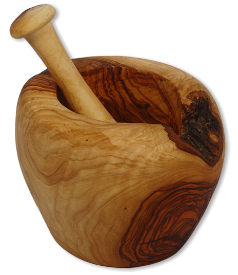 Mortar with bark large olive wood