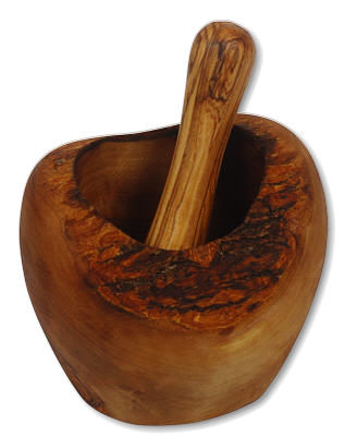 Mortar with bark small olive wood
