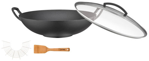 Spring Wok Guss mit Glasdeckel und Zubehör-Set, 4 tlg, Boden flach