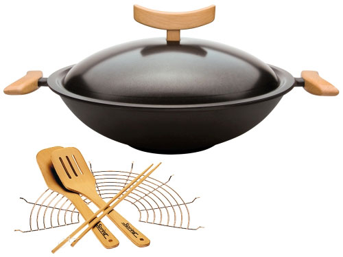 Flat-bottomed cast iron wok with lid, with accessories, 6-piece se