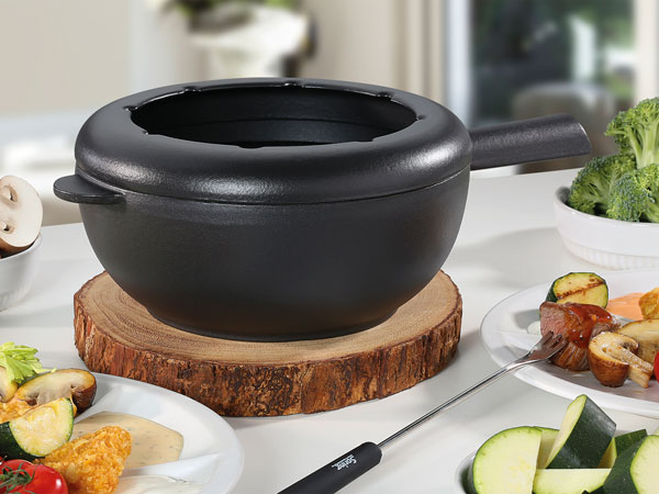 Fondue pot black, cast iron, with splashguard