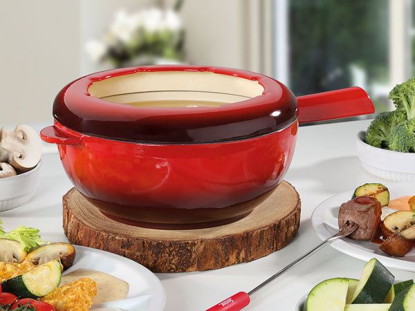 Fondue pot red, cast iron, with splashguard