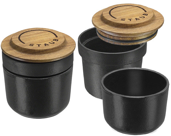 Staub mortar / spice mill black, lid from acacia wood