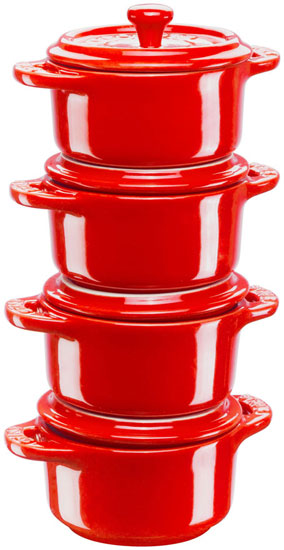 Staub Cocotte set of 4, round cherry red ceramic