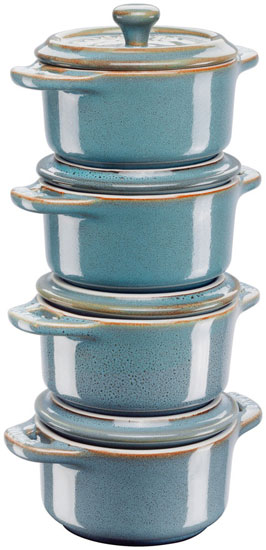Staub Cocotte set of 4, round antik turquoise ceramic
