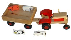 Holz-Traktor mit Anhänger und 4 Tieren