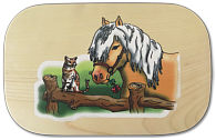Board coloured horse with cat