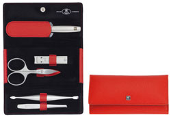 Twinox Maniküre-Set 5-tlg., Druckknopf-Etui Rindleder rot