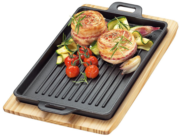 Küchenprofi BBQ Grill-/Servierplatte eckig Gusseisen mit Holzbrett